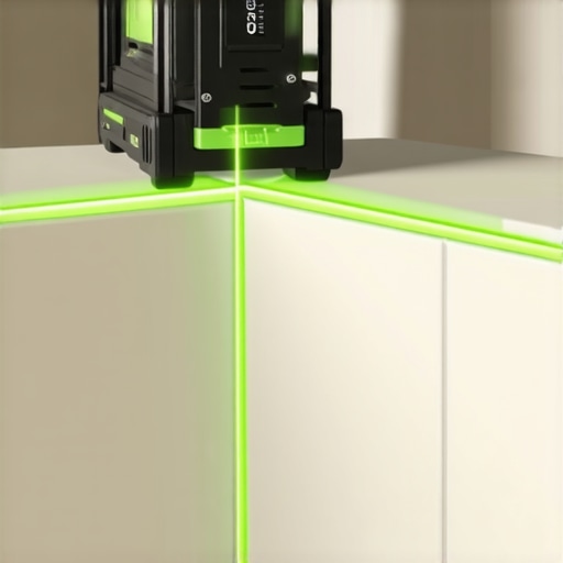 A green laser line guiding tile installation on a shower wall.