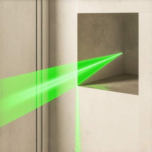 Professional Laser Level for Precision Tiling A green cross-line laser level being used to align shower tiles and a niche for a luxury renovation.