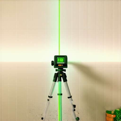 Professional Laser Level for Precision Tiling Green beam laser level projecting a horizontal line for shower tile installation.