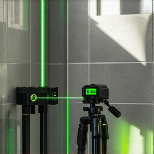 High-quality laser level casting a horizontal line on shower tiles for perfect alignment.