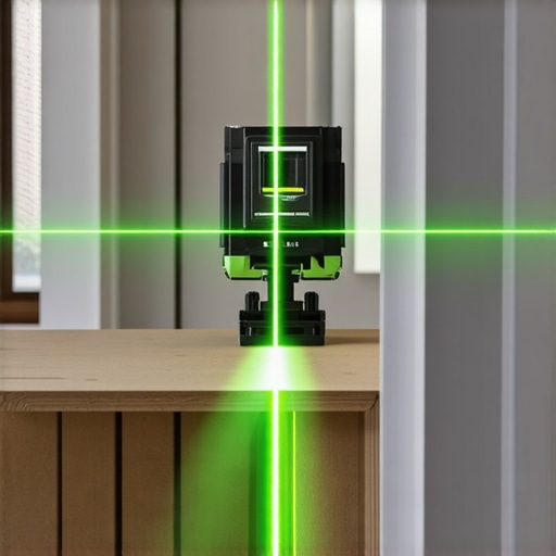 Green beam laser level used for accurate tile alignment in a bathroom remodel