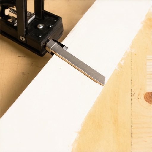 Close-up of a spring miter clamp securing a baseboard corner on a workbench.