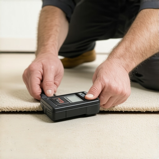 Technician checking concrete moisture levels before carpet installation.