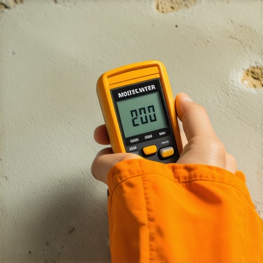 Professional Moisture Meter Test on Subfloor A technician using a digital moisture meter to check a concrete subfloor before flooring installation.