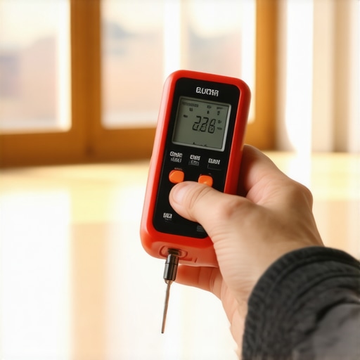 Close-up of a moisture meter testing wood flooring humidity levels