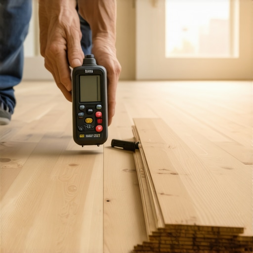 Contractor using a digital moisture meter on hardwood flooring planks