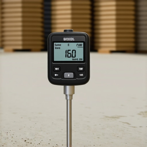 Professional Moisture Meter Testing Subfloor A digital moisture meter measuring the humidity of a concrete slab before flooring installation.