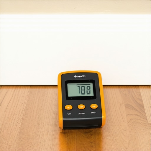 A Wagner Orion moisture meter checking the moisture content of a hardwood floor near the wall.