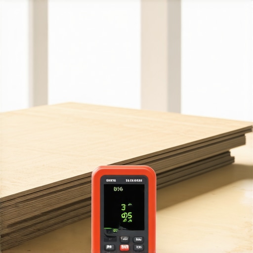 A digital moisture meter checking the humidity levels of a concrete floor before installing vinyl planks.