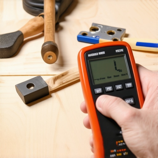 A digital moisture meter displaying readings on a wood subfloor before flooring installation.