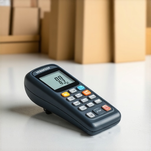 Professional Moisture Meter Testing Subfloor A digital moisture meter checking a concrete subfloor before flooring installation.