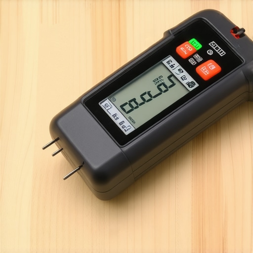 Professional Moisture Meter Testing Wood Subfloor A digital moisture meter being used to check moisture levels in a wooden subfloor before flooring installation.