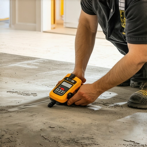 Professional Moisture Meter Testing on Concrete Contractor checking subfloor moisture levels with a digital meter before installing flooring.