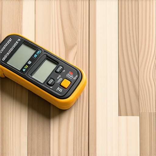 Professional Moisture Meter Testing on Hardwood A handheld digital moisture meter checking the moisture content of a wood floor plank.