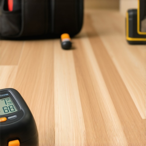 Professional Moisture Meter Verification Using a moisture meter on hardwood flooring to check for subfloor humidity