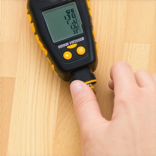 Professional Moisture Meter for Floor Maintenance A digital moisture meter being used to check the hydration levels of a hardwood floor.