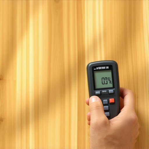 Using a digital moisture meter on a hardwood floor to check for subfloor humidity.