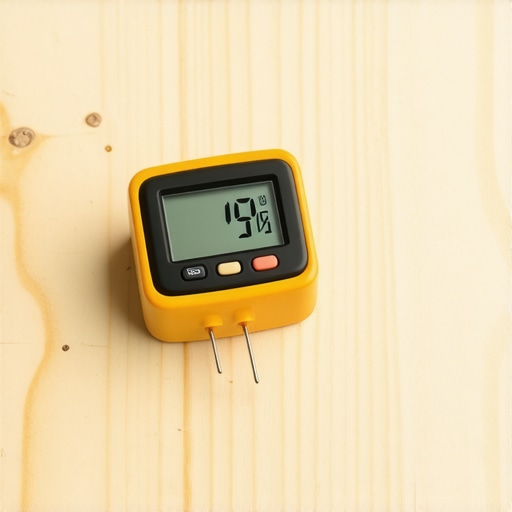Close-up of a digital moisture meter testing a subfloor for moisture content before flooring installation.