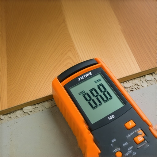 Professional Moisture Meter on Concrete Subfloor A digital moisture meter being used to test a concrete subfloor before vinyl plank installation.
