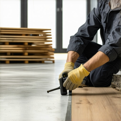 Professional Moisture Testing Before Flooring Installation Contractor checking concrete moisture levels with a digital meter before laying vinyl planks.