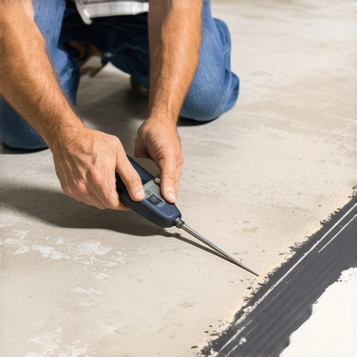 A digital moisture meter being used on a concrete subfloor to ensure proper flooring installation conditions.