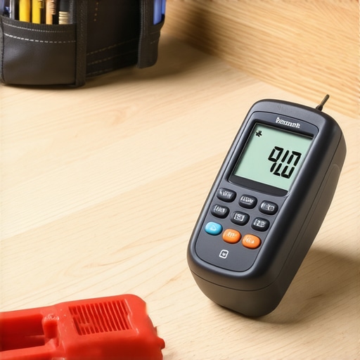 A close-up of a digital moisture meter checking the moisture content of a white oak hardwood floor.