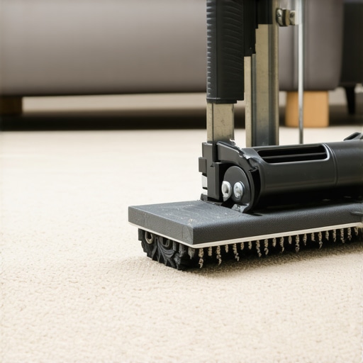 Professional Power Stretcher for Carpet Installation A professional power stretcher tool tensioning a carpet to prevent future ripples.