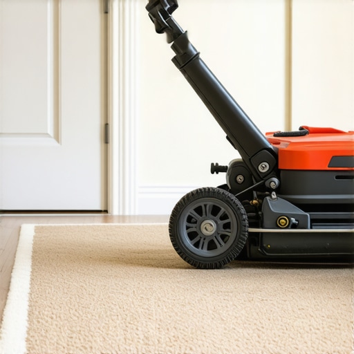Professional Power Stretcher for Carpet Installation A mechanical power stretcher being used to tension a carpet against a baseboard for a ripple-free finish.