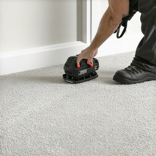 Professional Power Stretcher for Carpet Longevity Close-up of a flooring professional using a power stretcher on new carpet near a baseboard
