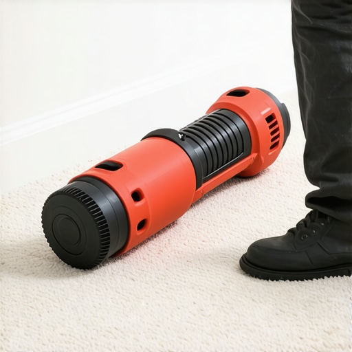 Close-up of a carpet power stretcher tool ensuring tension during flooring installation.