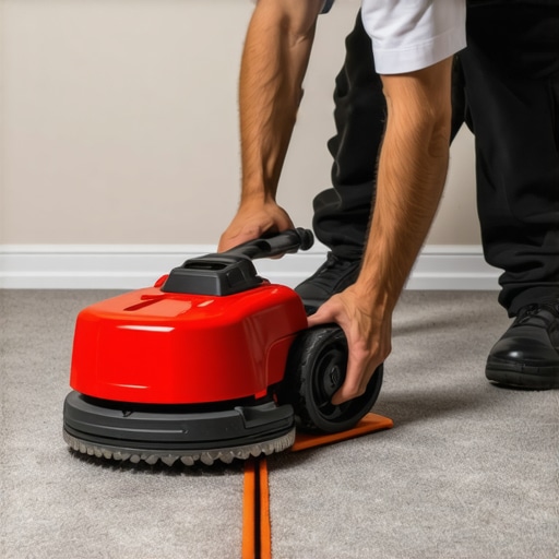 A contractor using a power stretcher to ensure a ripple-free carpet installation.