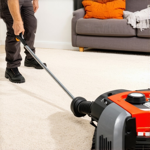 An installer using a power stretcher to ensure a tight carpet installation according to industry standards.