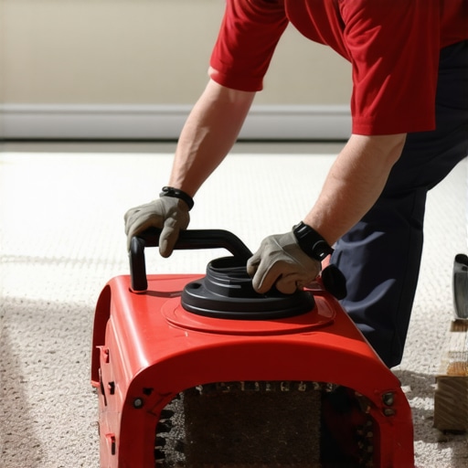Professional Power Stretcher in Action Contractor using a power stretcher tool to ensure a flat and tight carpet installation.