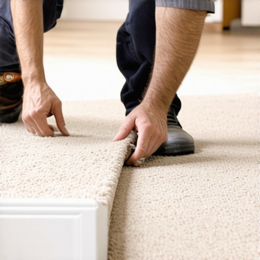 Professional Power Stretcher in Action Close-up of a power stretcher tool tensioning a new carpet near a baseboard.