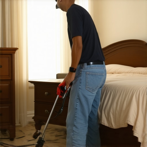 Close-up of a carpet power stretcher tool being used in a room with furniture.