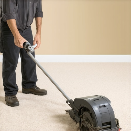 Professional Power Stretching Technique Installer using a power stretcher to prevent carpet ripples and buckling.