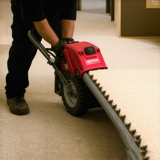 A pro contractor using a power stretcher to ensure a carpet is properly tensioned to prevent future wrinkles.