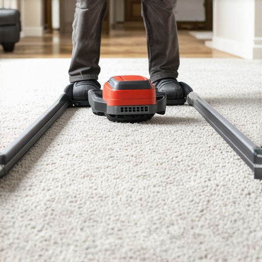 Professional Power Stretching for Residential Carpet A contractor using a power stretcher to install carpet according to CRI 105 standards.