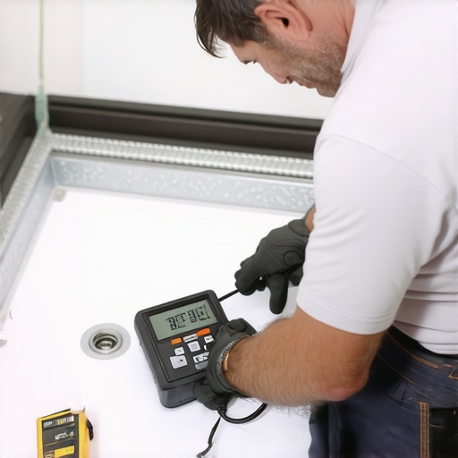 Professional Shower Flood Test Procedure Contractor checking water level in a shower pan during a 24-hour leak test.