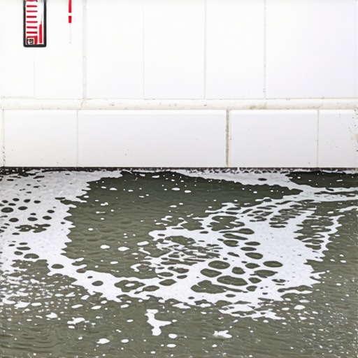 A detailed view of a shower floor undergoing a 24-hour flood test to ensure waterproofing integrity before tile installation.