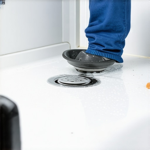 Professional Shower Pan Flood Test An installer checking the water level during a shower flood test to ensure waterproofing integrity.