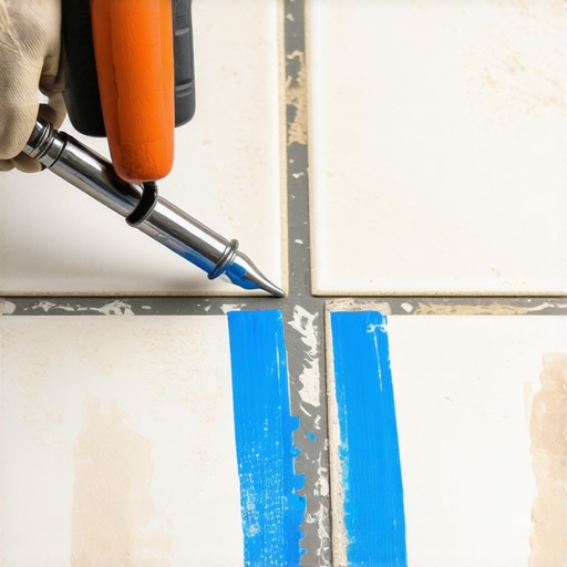 Applying color-matched silicone to a tile expansion joint with blue tape masking.