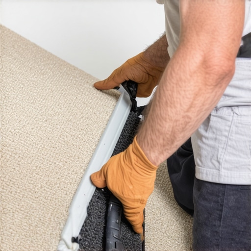 Close-up of a carpet installer applying tension to a stair tread to prevent wrinkles.
