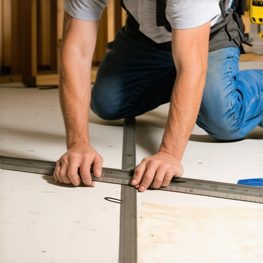 Measuring subfloor levelness with a string line to prevent flooring clicks and squeaks.