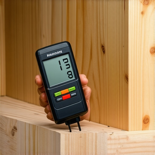 A professional flooring installer using a digital pinless moisture meter on a plywood subfloor before installing hardwood.