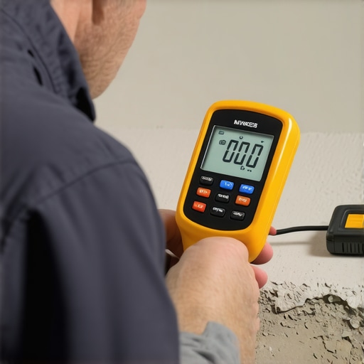 Using a moisture meter on concrete before flooring installation to ensure a flat and stable finish.