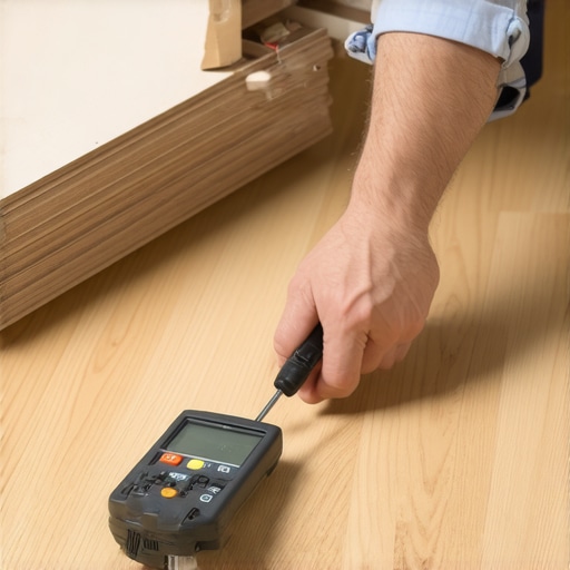 A professional contractor checking moisture levels on a subfloor before flooring installation.