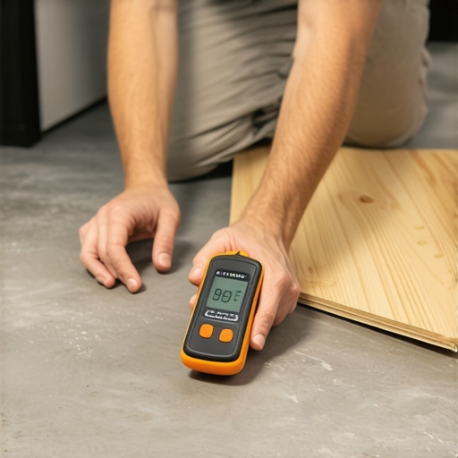 A contractor using a moisture meter on a concrete floor before installing new vinyl planks.