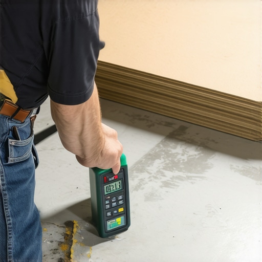 Contractor checking concrete moisture levels before installing waterproof flooring.