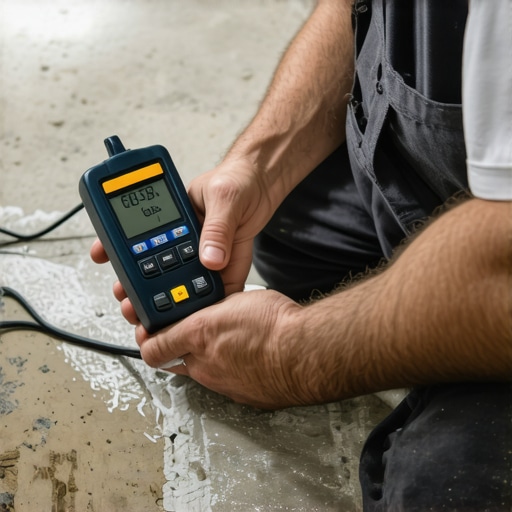 Close up of a digital moisture meter being used on concrete subfloor to test internal humidity levels.